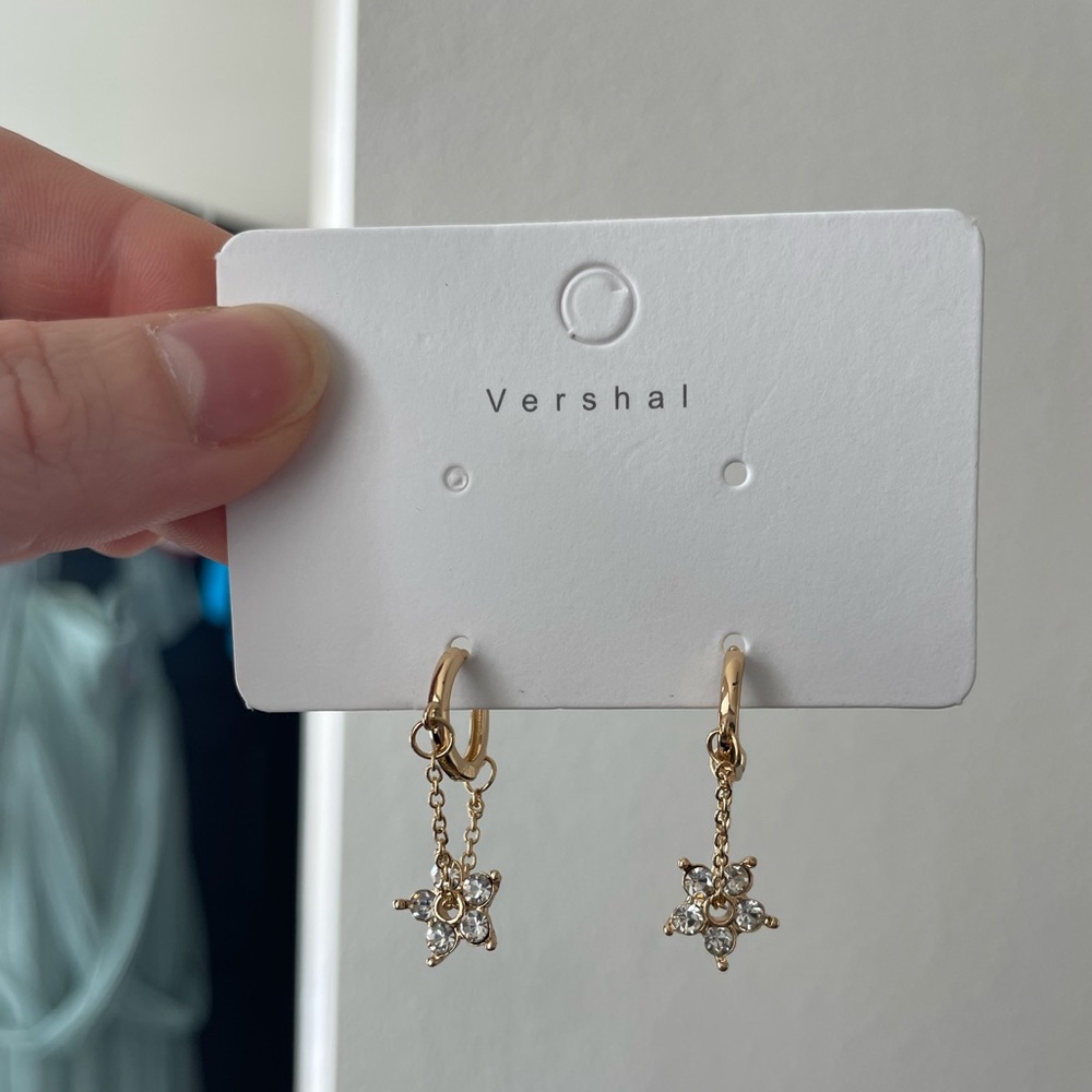 Korean 18k gold plated CZ dangling star earrings
